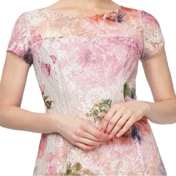 SL Fashions SLNY Floral Sequin Lace Sheer Yoke Dress Tea Length Size 16 NWT - Picture 3 of 16